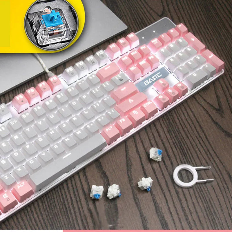 Girly pink mechanical keyboard with 104 keys showing green, black, or red switch options