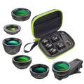 Black 6-in-1 mobile phone lens kit with fisheye, wide-angle, macro, telephoto, CPL, and star filter lenses on universal clip