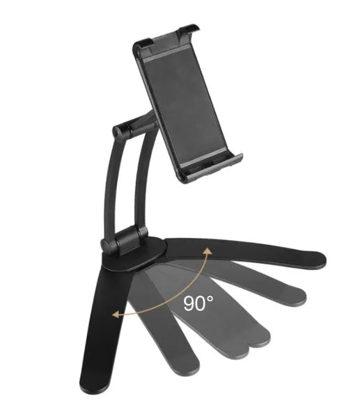 Aluminium alloy desktop tablet stand with adjustable clips and 360-degree rotation for tablets up to 10.5 inches