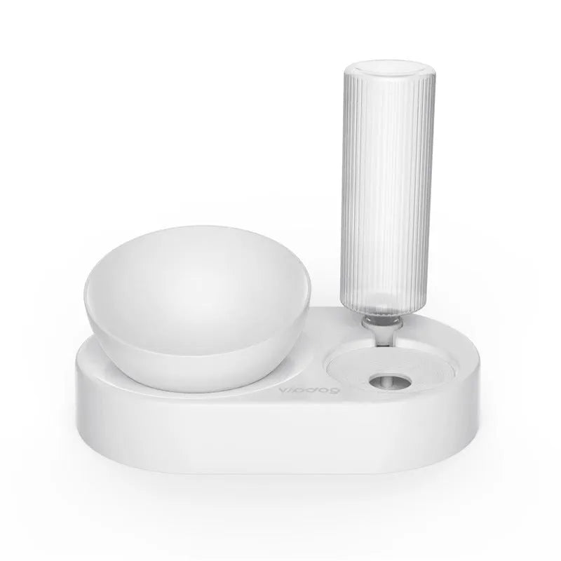 Double bowl automatic pet feeder with 600ml water bottle, adjustable 0° or 15° base, plastic bowls for small dogs and cats