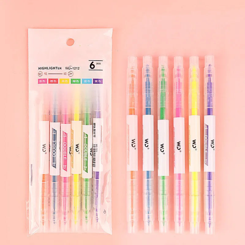 Set of 6 double-headed marker pens showing round and oblique tips in orange, purple, yellow, green, blue, and pink colours