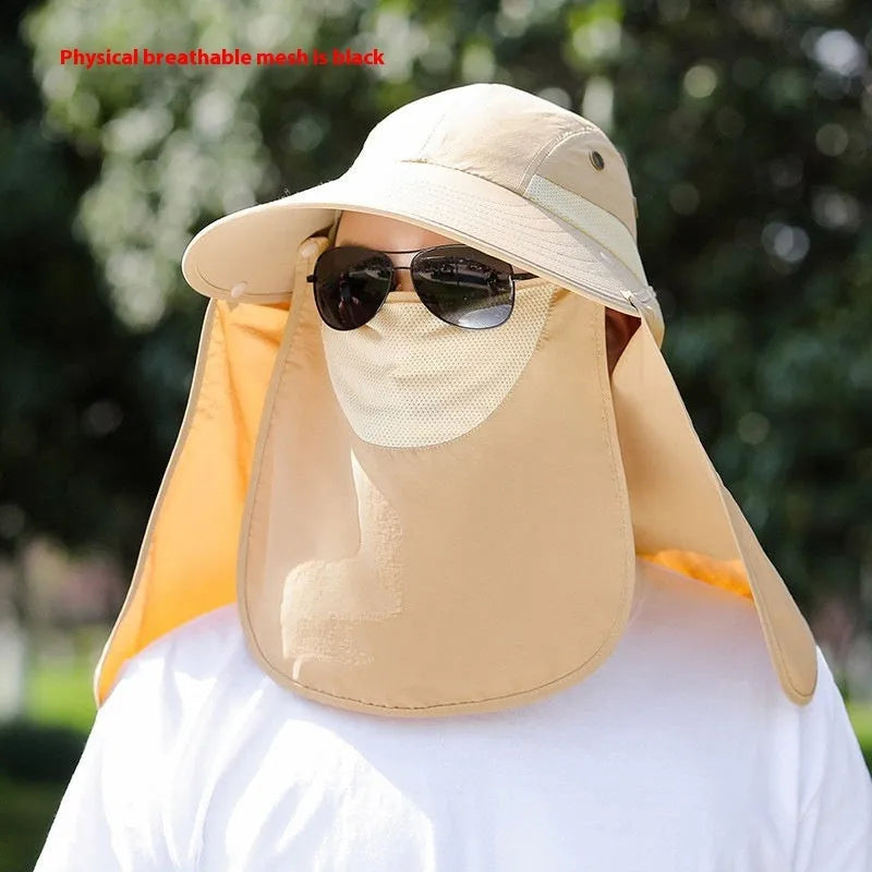 Men's khaki sun protection hat with USB fan and attached neck covering shawl for outdoor use