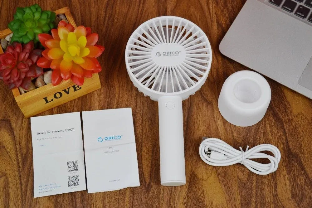 ORICO FH1 white portable USB rechargeable fan with fine lines texture, compact design for desktop use