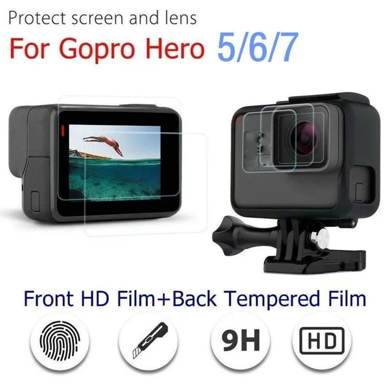 GoPro Hero 5 6 7 transparent tempered glass lens protector and LCD screen protector film set