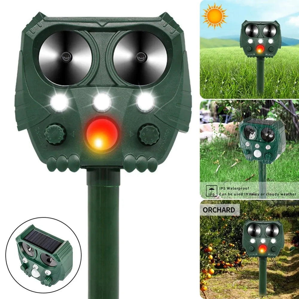Green solar ultrasonic dog repeller with solar panel, measuring 12x13x5cm for outdoor pest control