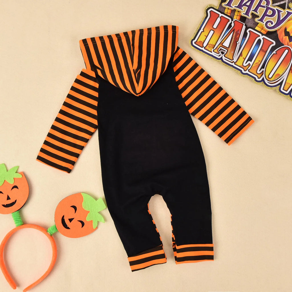 A black hooded Halloween romper costume with long sleeves for a child.