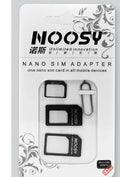 Three-piece SIM card adapter kit in black and white PC plastic for Standard, Micro, and Nano-SIM conversion.