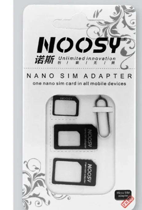 Three-piece SIM card adapter kit in black and white PC plastic for Standard, Micro, and Nano-SIM conversion.