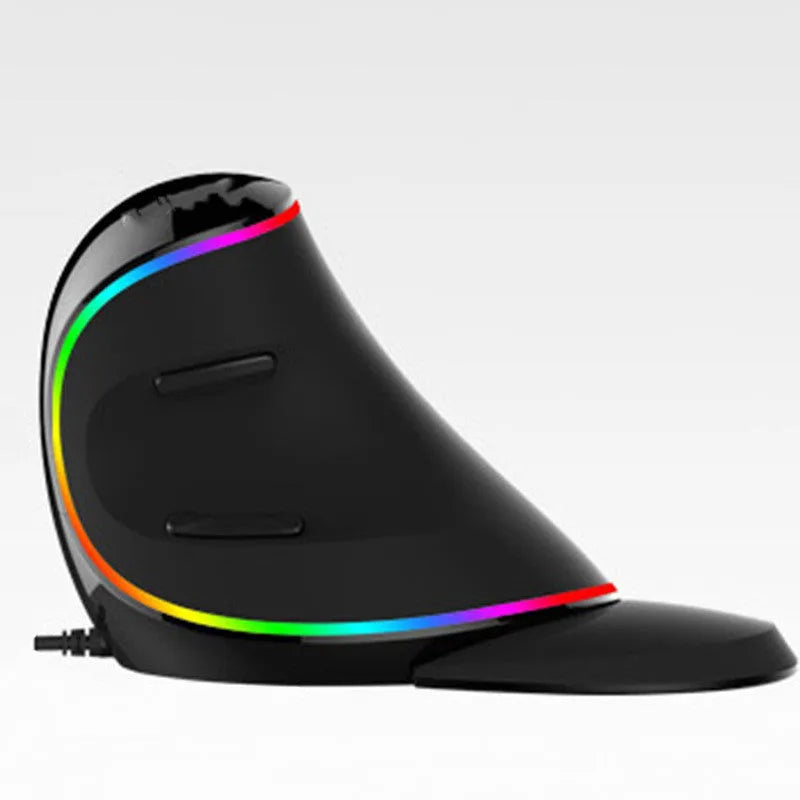 Vertical ergonomic wired computer mouse with RGB lighting, shown in a handshake grip position.