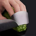 Stainless steel finger guard for kitchen safety shown in single and double finger sizes on a cutting board.