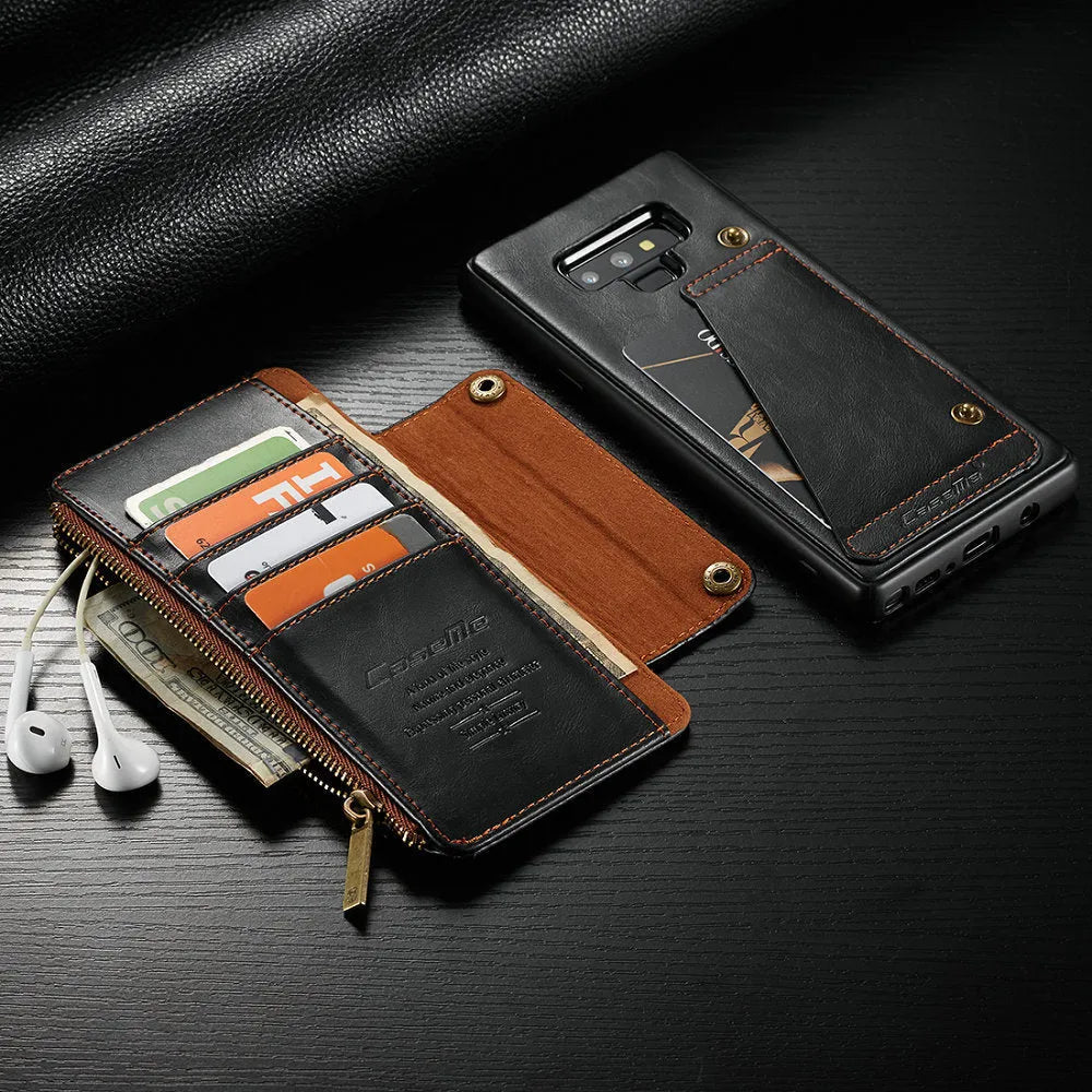 Samsung Note9 leather flip case in black showing PU leather construction and flip design