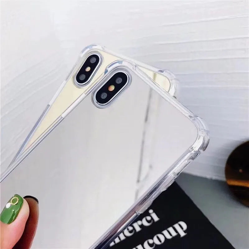 Mirror Phone Case in TPU material for iPhone protection, shown in multiple colours including black, blue, gold, rose gold, silver, and transparent.
