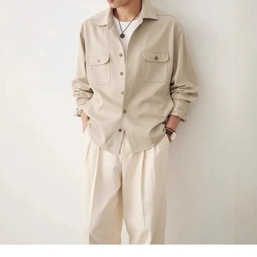 Men's light sand rice lapel collar shirt with long sleeves and chemical fibre blend fabric