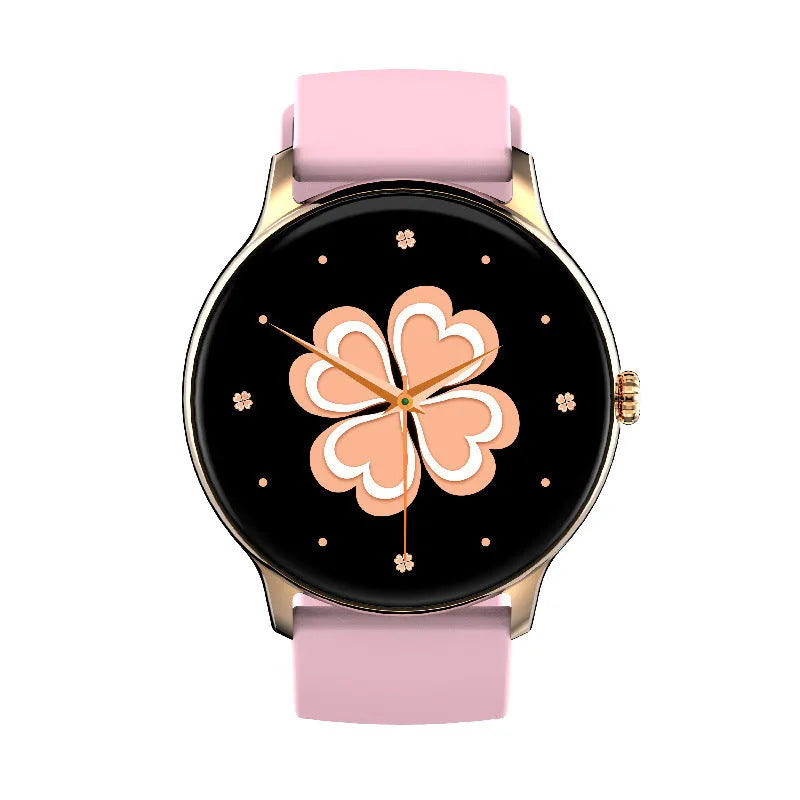 Black smartwatch with 1.28-inch screen on silicone wristband, showing health monitoring display