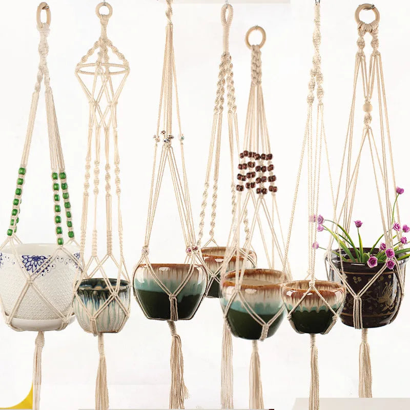 Woven wire plant hanger made from cotton rope in European village style, suitable for desktop or wall mounting