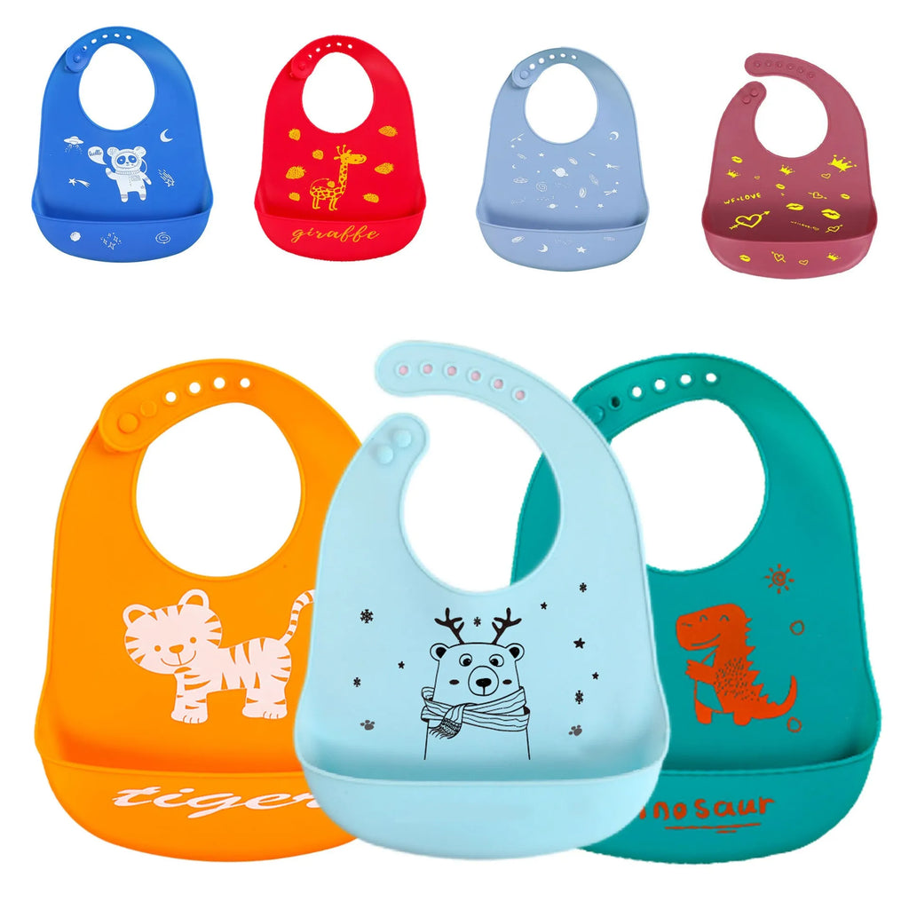 Cartoon printed silicone baby bib with waterproof and antifouling function for babies and children aged 0-6 years