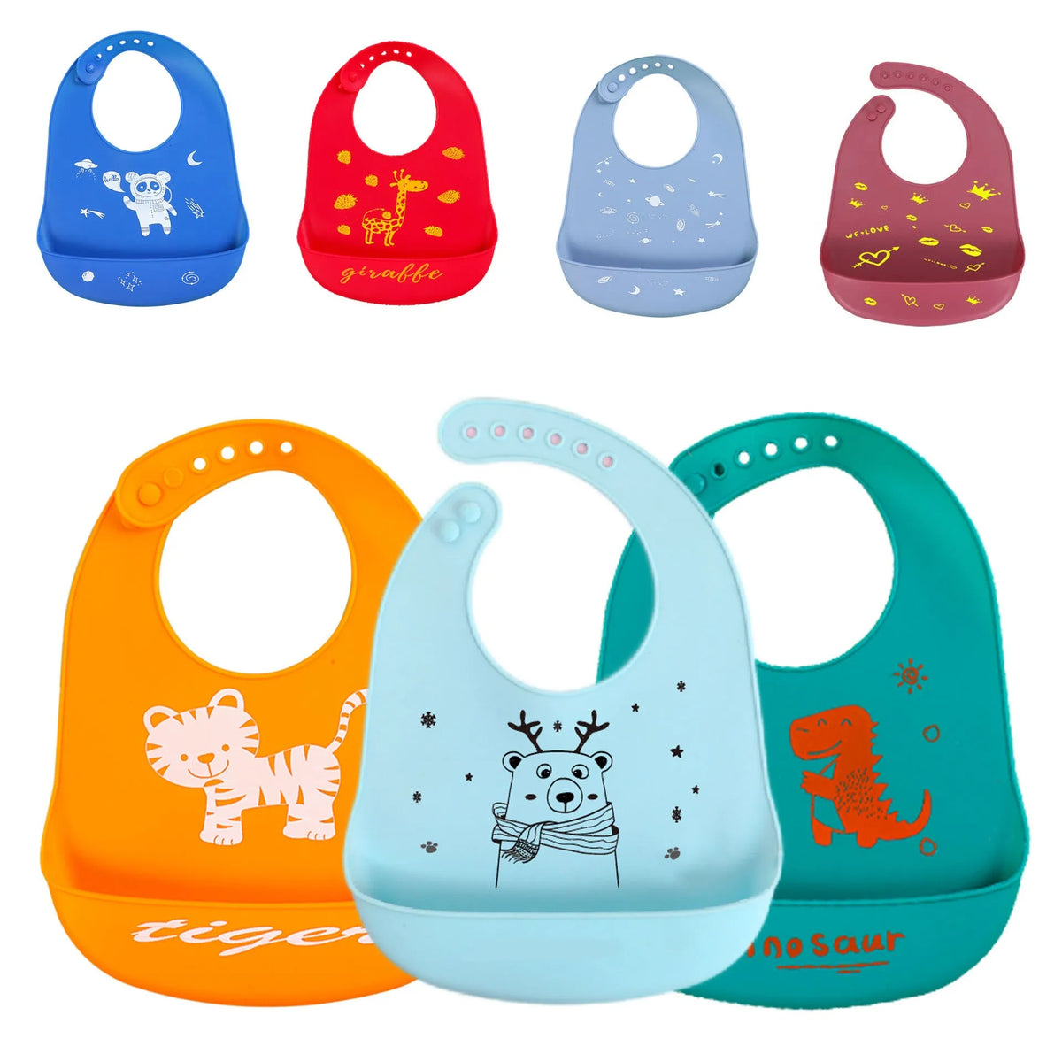Cartoon printed silicone baby bib with waterproof and antifouling function for babies and children aged 0-6 years