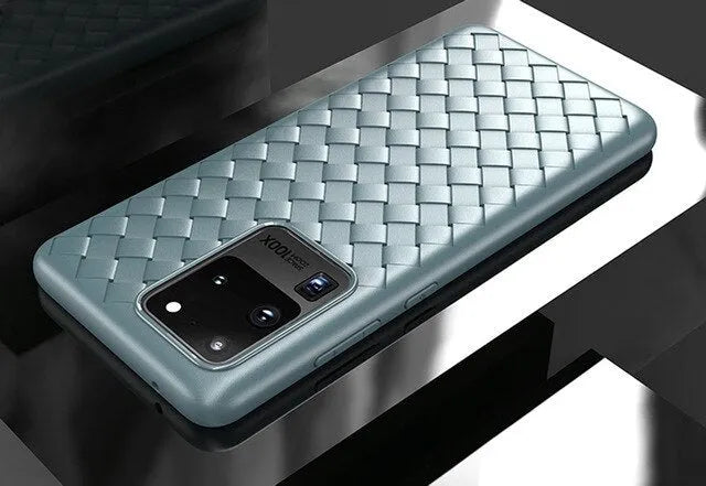 Simple woven TPU phone case for Samsung Galaxy in black, blue, green, grey, or red.