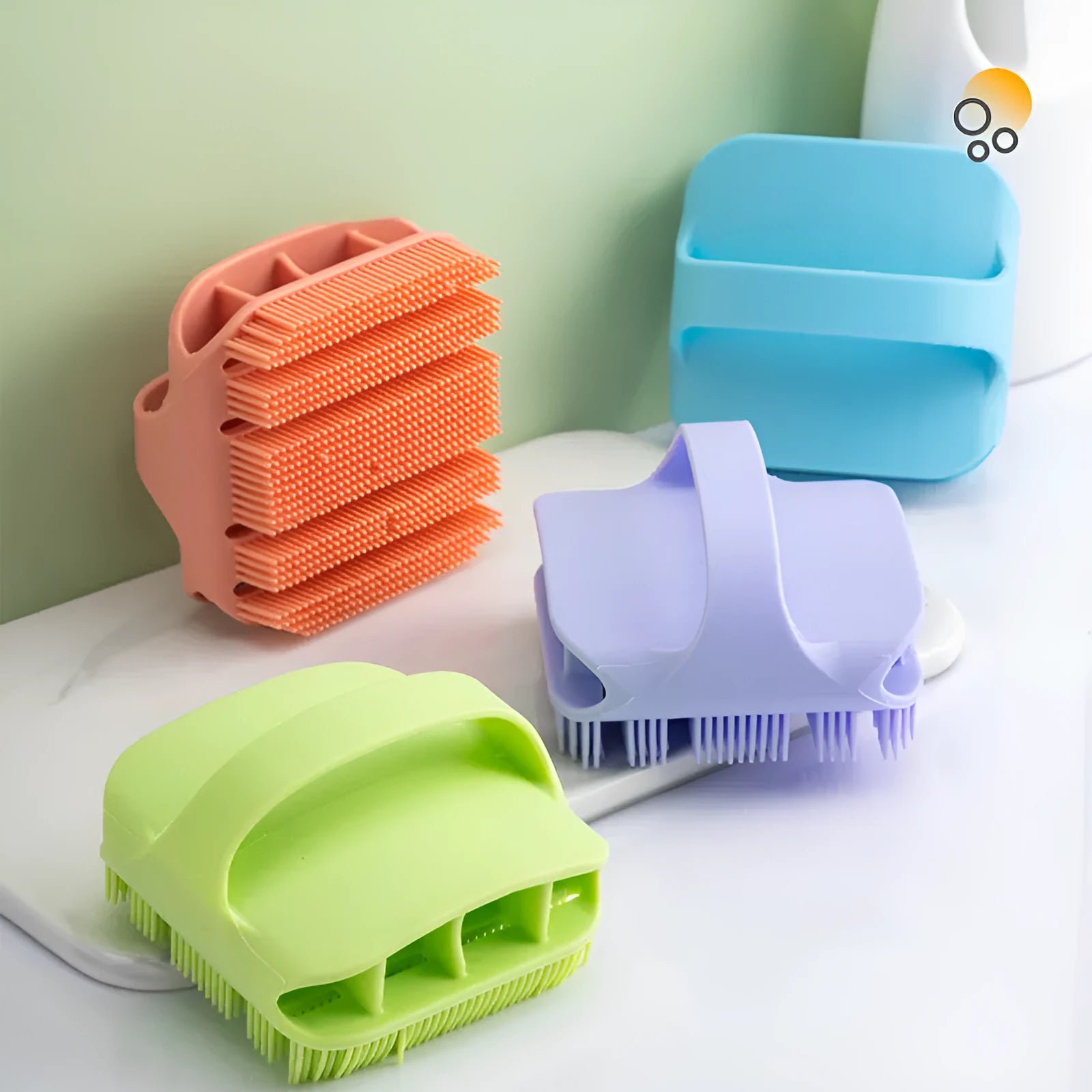 Blue silicone scalp massager brush with long bristles and a hand-through ergonomic handle.