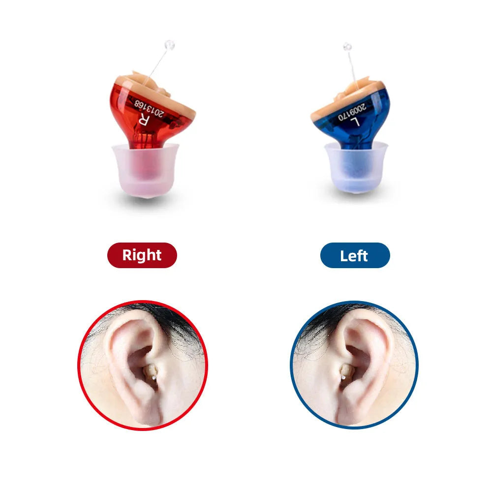 Q10 CIC hearing aids in red and blue colours with mini wireless design measuring 1.8cm x 1.2cm