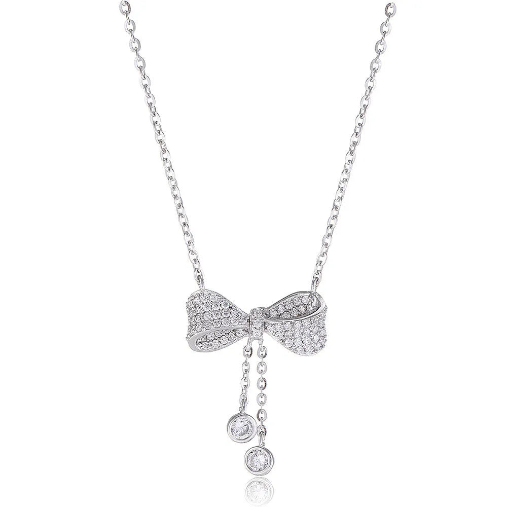 S925 sterling silver bow necklace with adjustable 40-45cm chain and electroplated silver finish