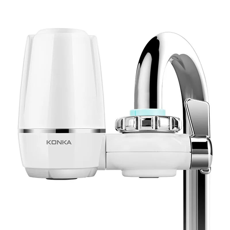 White faucet water purifier with ceramic filter and adapters for kitchen tap installation