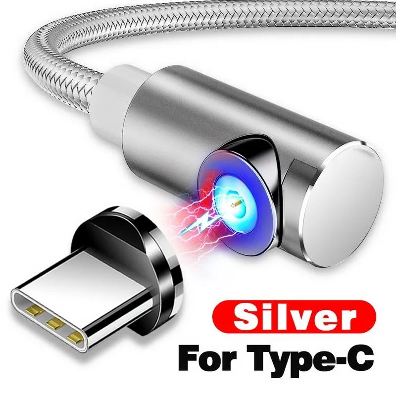 Magnetic charging cable with aluminium alloy housing showing magnetic connection to phone charging port