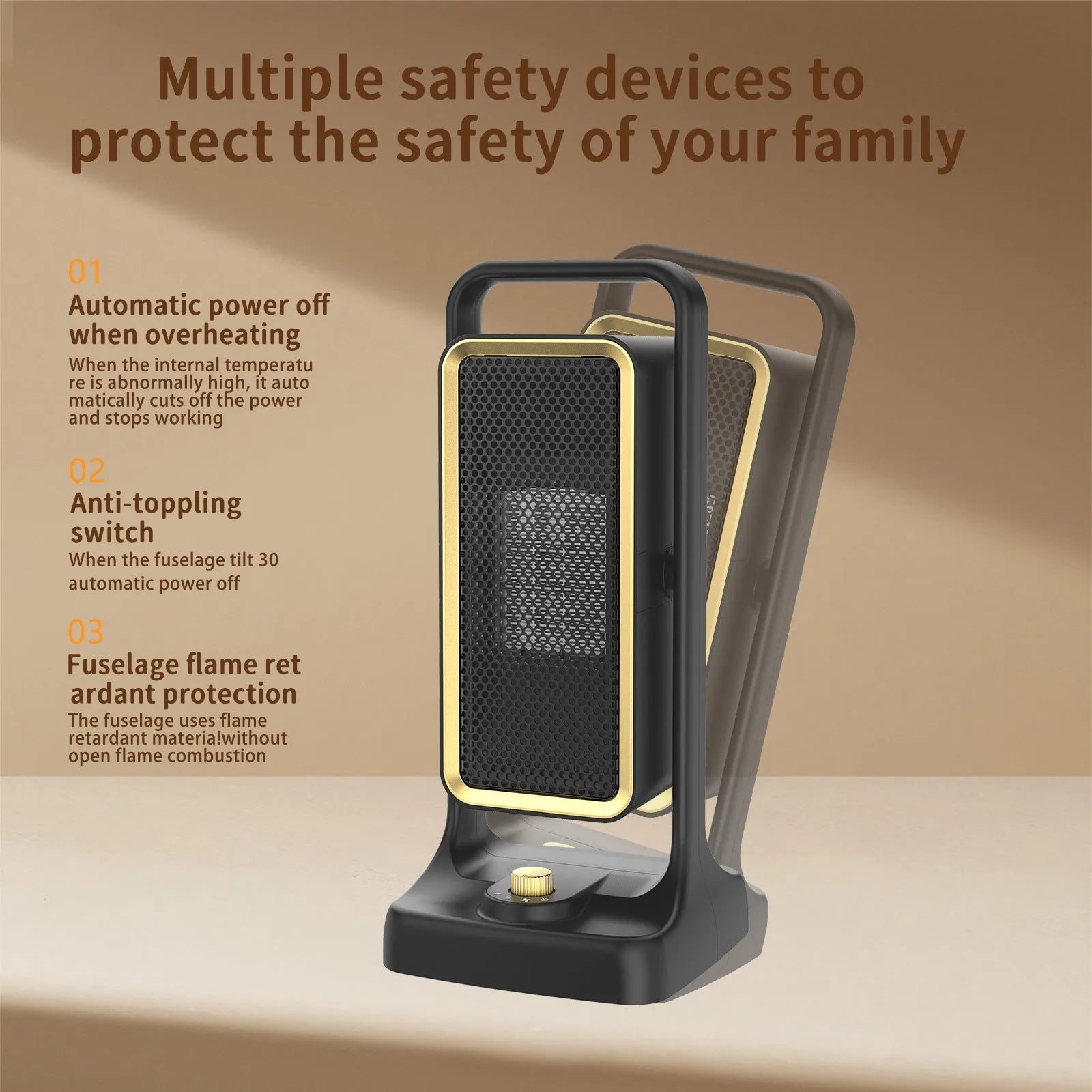 Black desktop PTC ceramic heater with knob control, dimensions 14.9x11.1x33.5cm