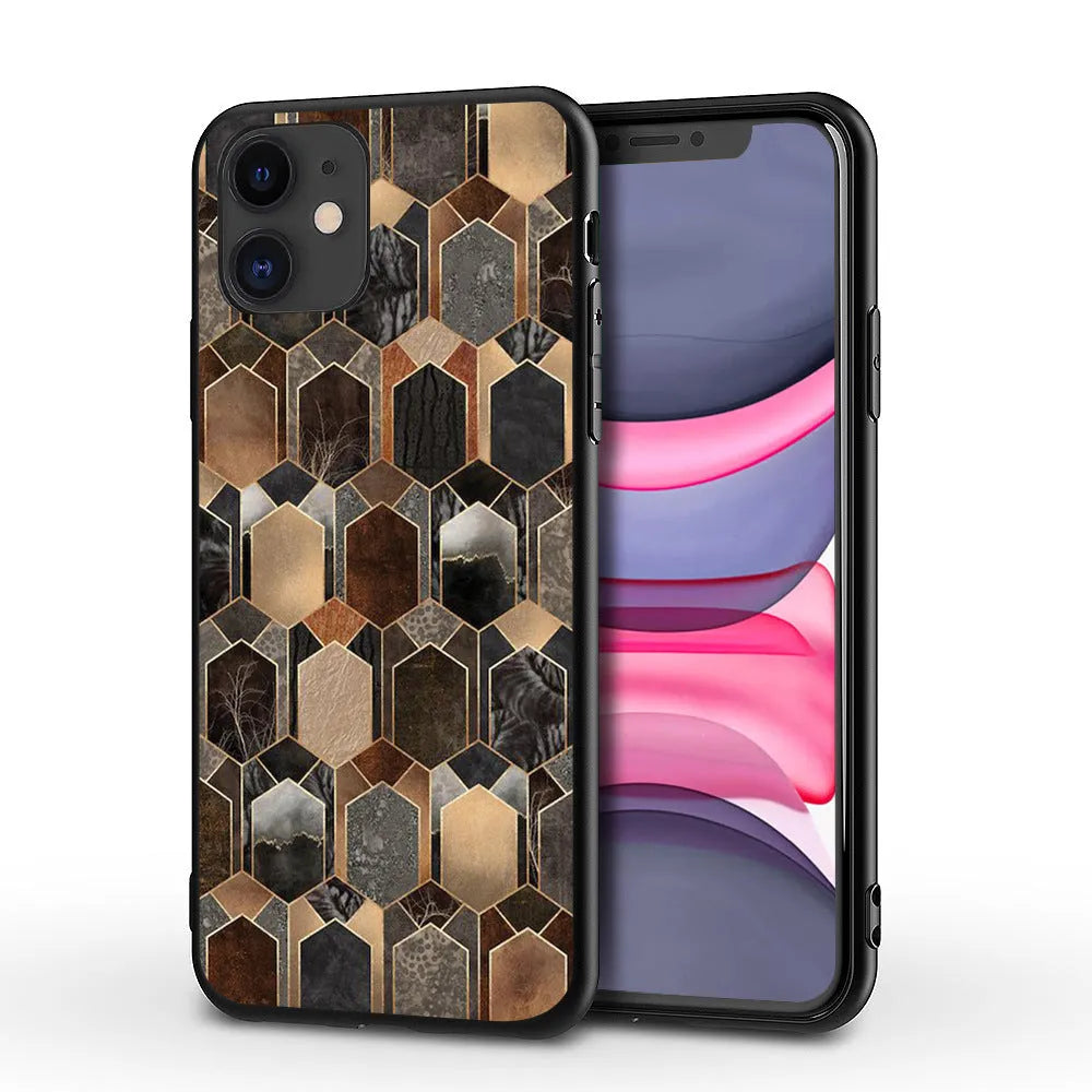 Marble-patterned iPhone case with TPU and PC materials, showing waterproof and drop-resistant features