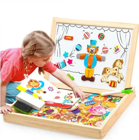 Wooden magnetic puzzle toy set with drawing board featuring animal circus and traffic designs