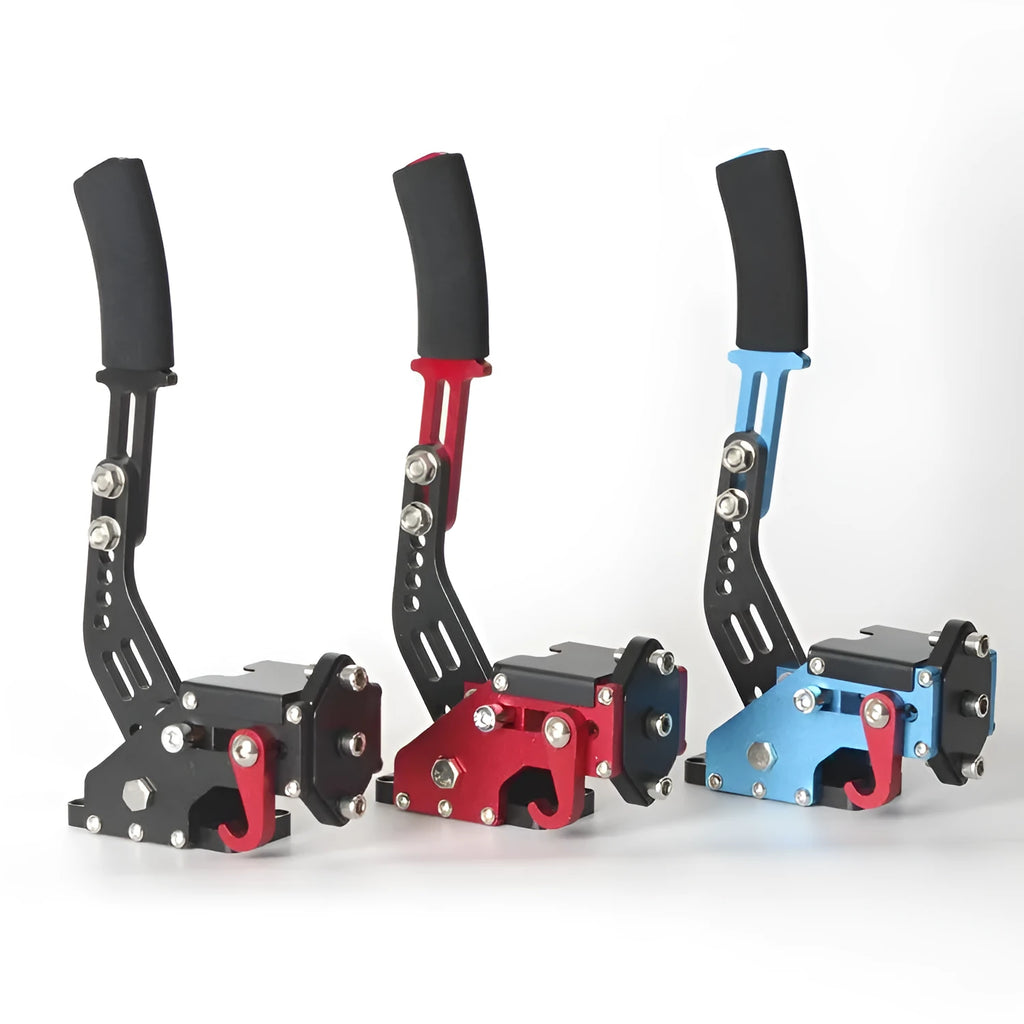 Linear handbrake accessory for Logitech and Thrustmaster PC racing steering wheels in blue colour.