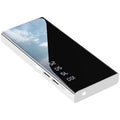 Black 20000mAh power bank with LCD display showing battery percentage, dual USB ports, and compact rectangular design