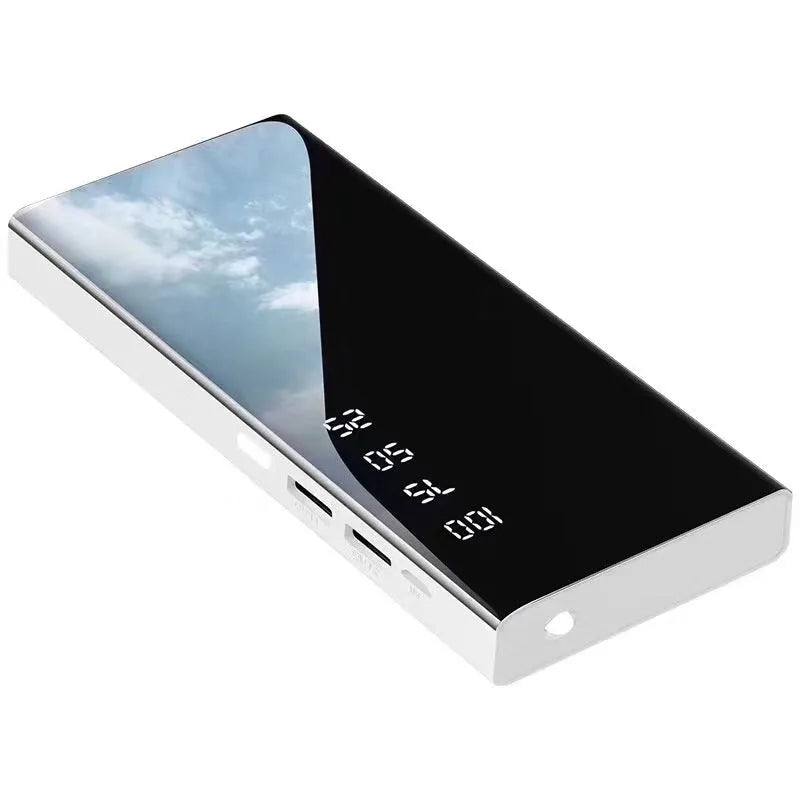 Black 20000mAh power bank with LCD display showing battery percentage, dual USB ports, and compact rectangular design