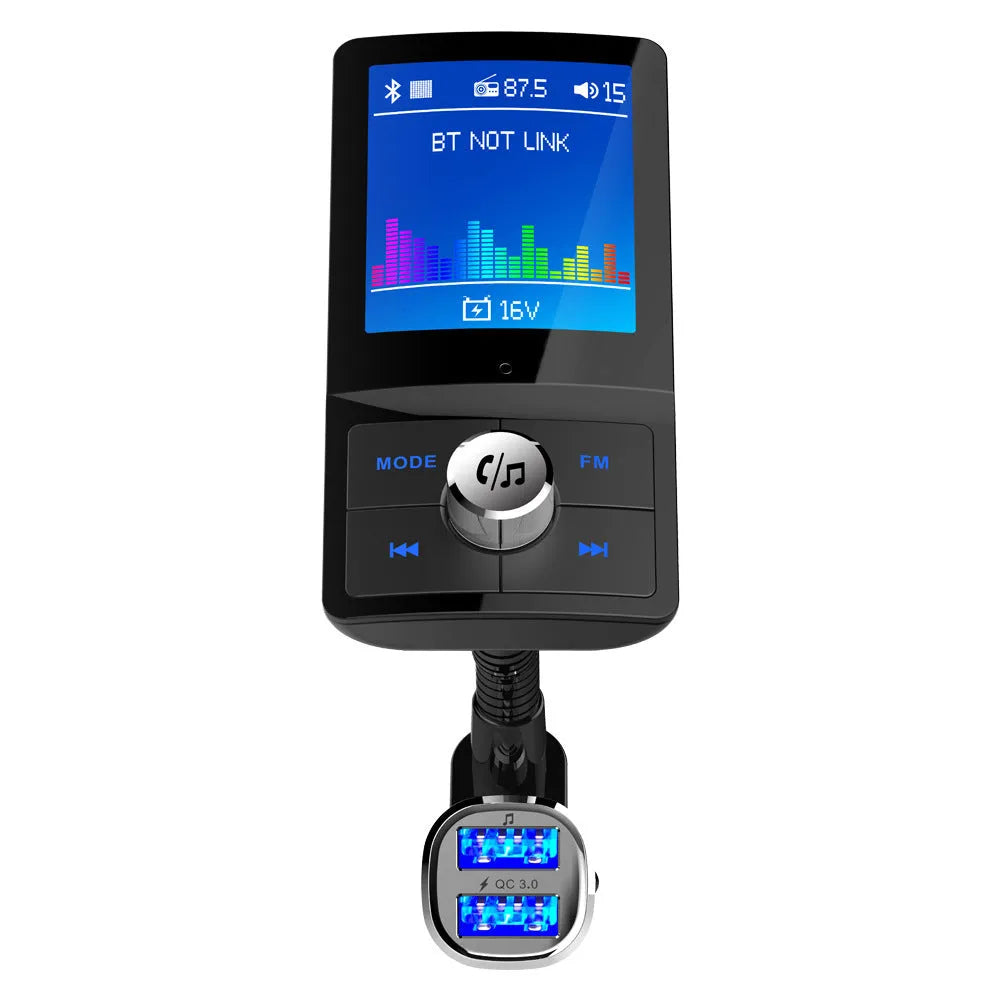 Black car speakerphone FM transmitter with LCD display, USB ports, and Bluetooth hands-free calling