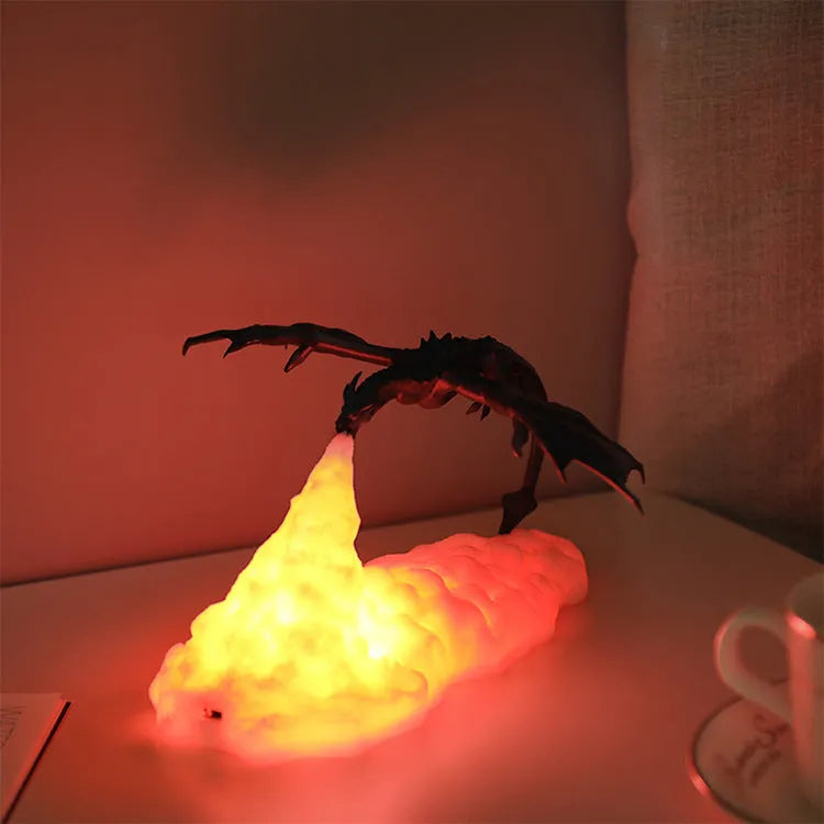 3D printed red fire-breathing dragon shape night light glowing on a dark surface