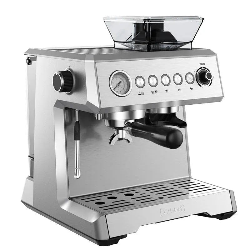 Silver gray fully automatic Italian coffee machine with 2L water tank, 20Bar pump, 200g bean storage, and EU plug.