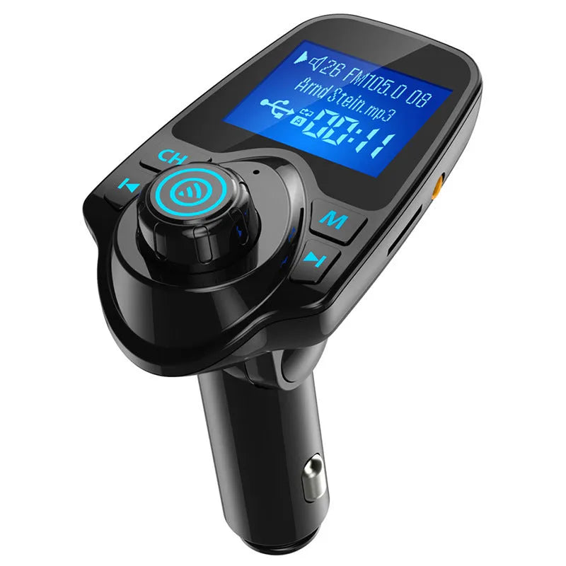 Black G7 car Bluetooth FM transmitter plugged into 12V socket with USB port and TF card slot visible