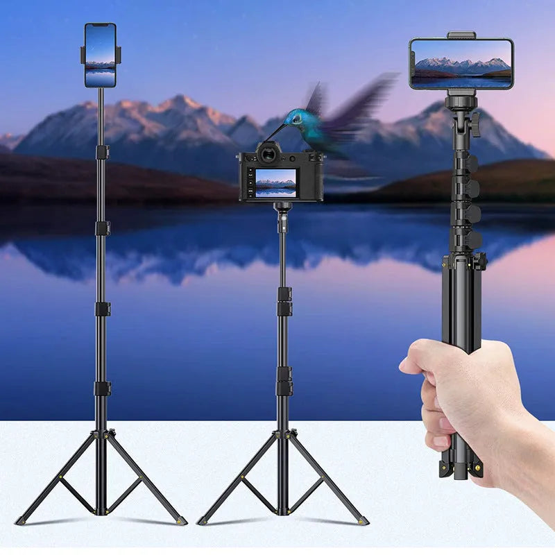 Black aluminium alloy selfie stick tripod with extended sections, compatible with Apple iPhones.