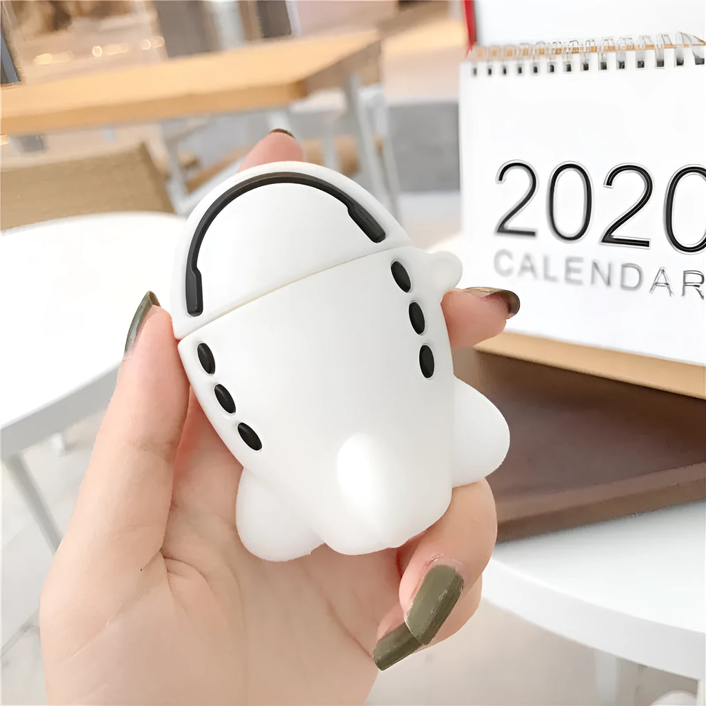 Cartoon airplane headset design silicone protective case for Apple AirPods with a carrying hook.