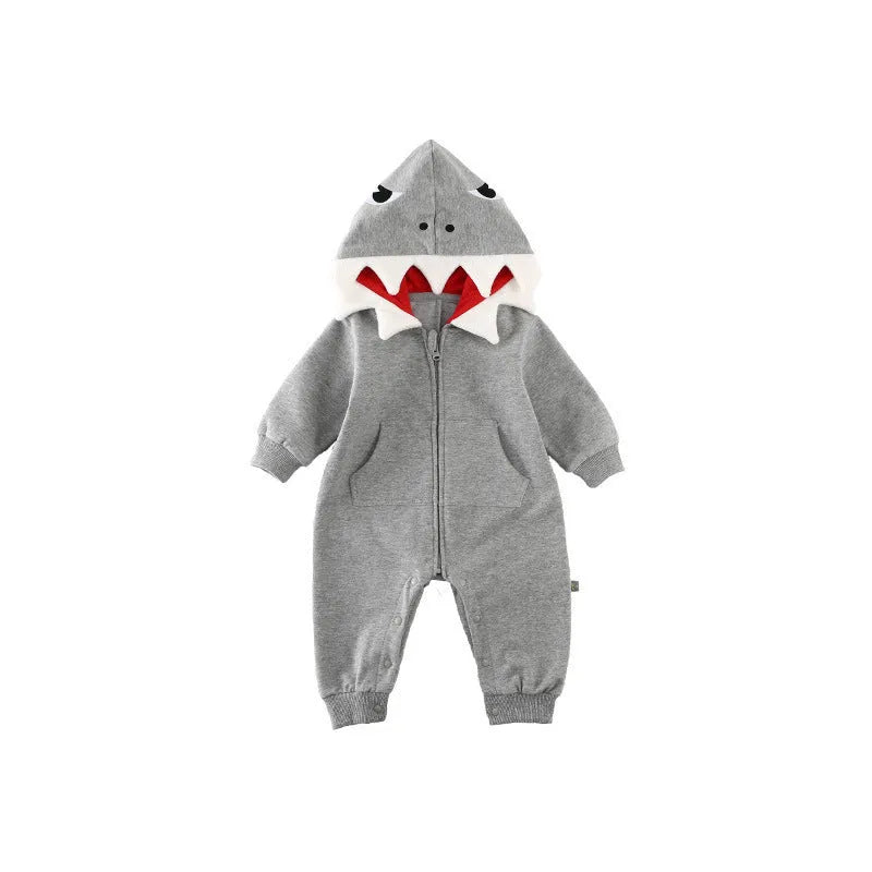Cartoon shark hooded children's robe with long sleeves, full-length zipper, and 90% cotton fabric in gray or pink