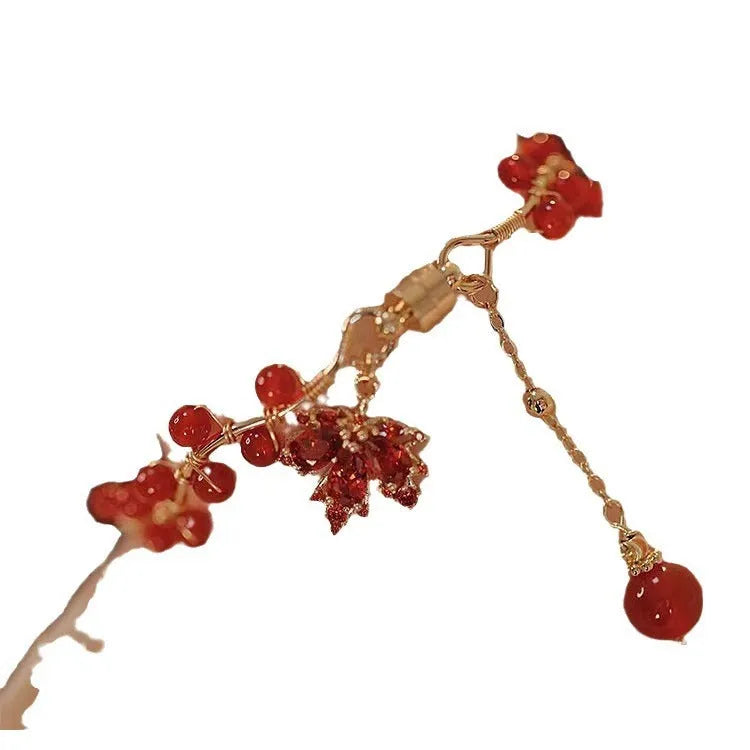 Red electroplated alloy bracelet with Chinese style maple leaf design and magnetic closure for girls