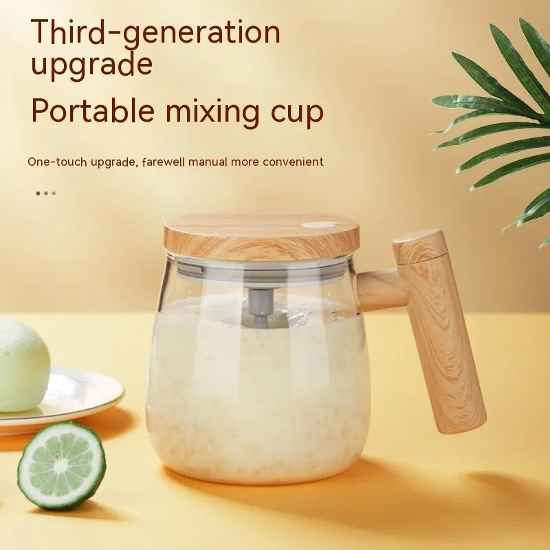 400ml clear borosilicate glass electric self-stirring coffee mug with mixing button.