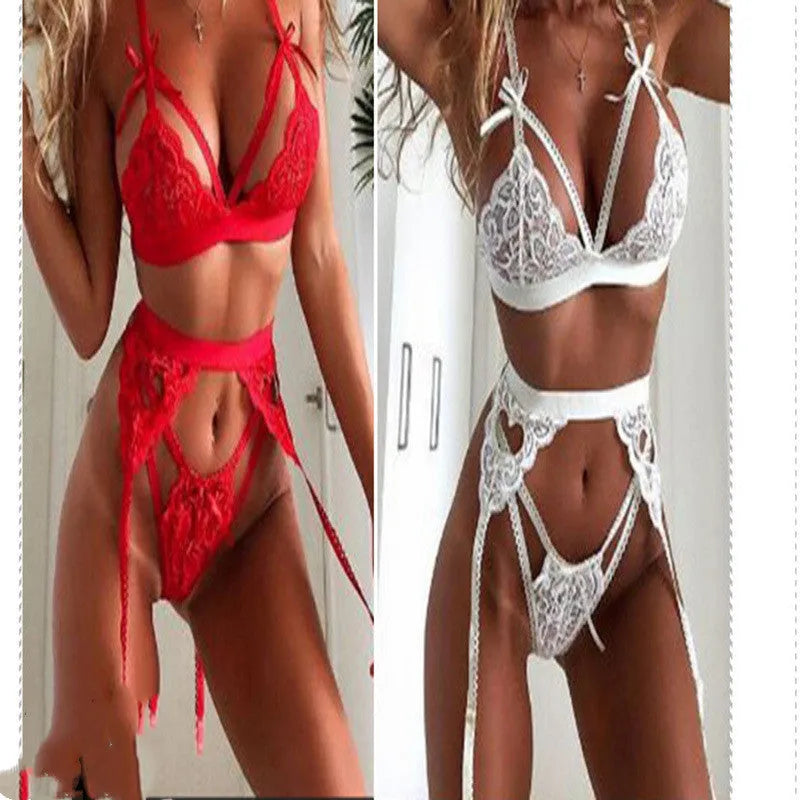 Red and white lace doll-style lingerie set for women, shown on a hanger.