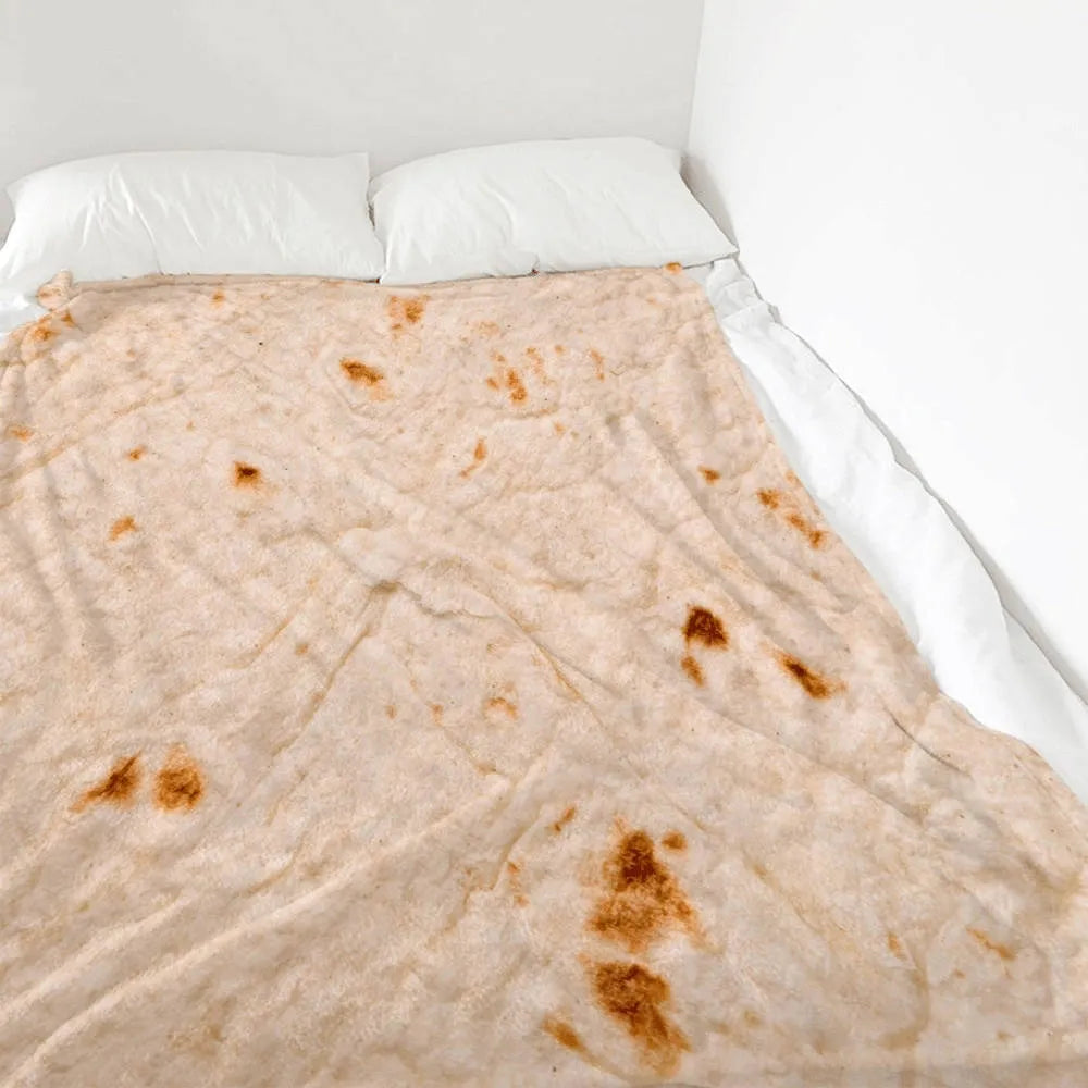 Flannel burrito blanket with food-themed print, showing soft microfiber fleece texture and round or rectangular shape options
