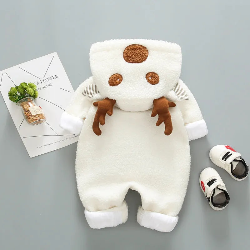Baby wearing a long-sleeve cotton blend romper with a lace-up strap closure