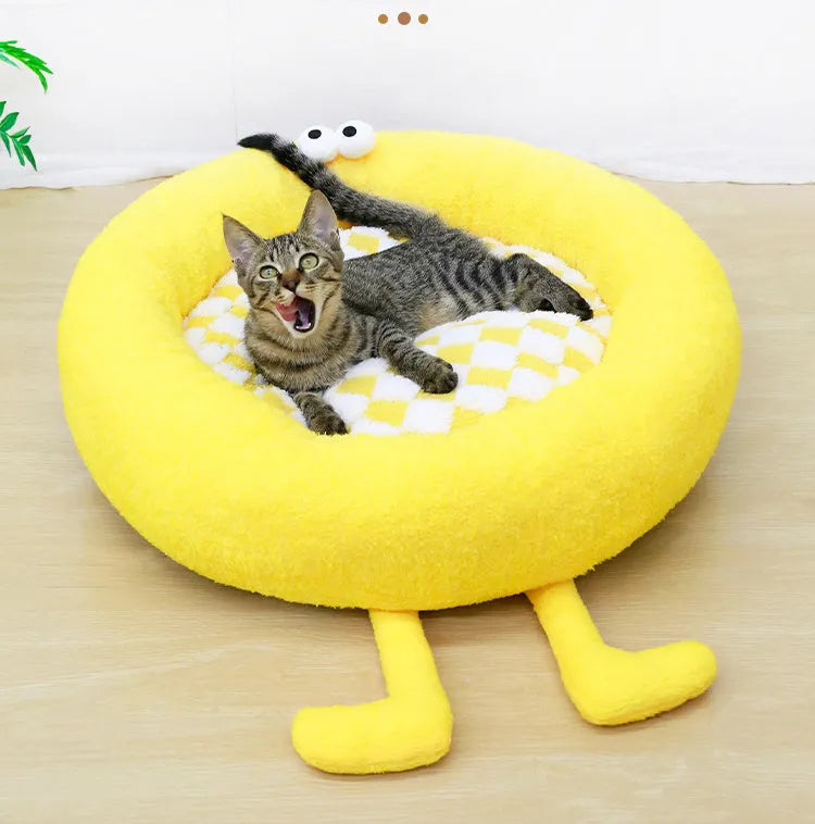 Circular plush dog bed nest for small medium dogs in black, pink, or yellow