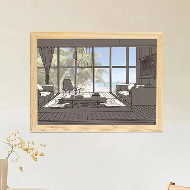 Modern rectangular acrylic LED light painting showing a serene landscape scene, illuminated from behind on a bedside table.