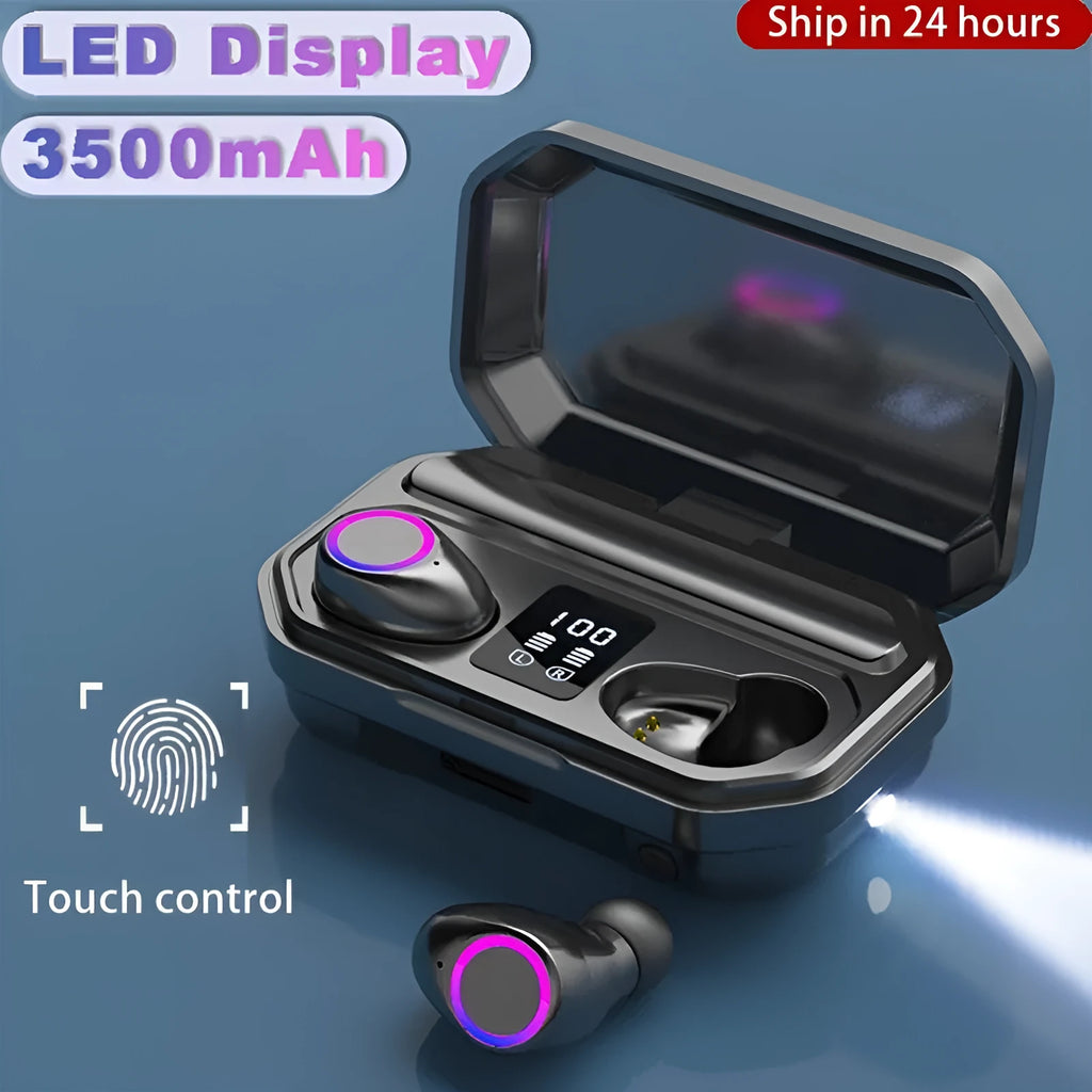 Wireless Bluetooth headset with charging case showing LED power display, black and white colour options