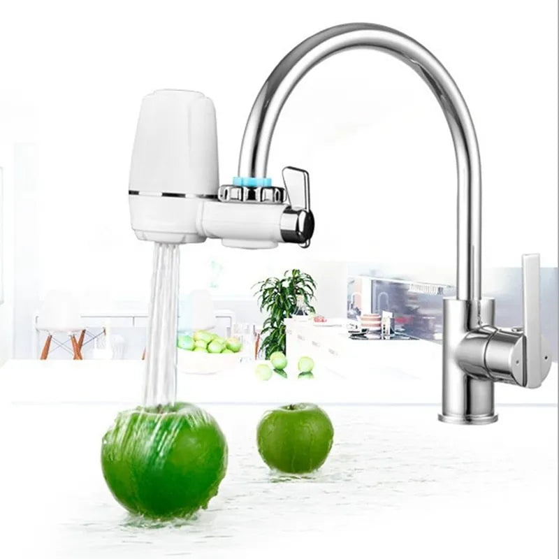 White faucet water purifier with ceramic filter and adapters for kitchen tap installation
