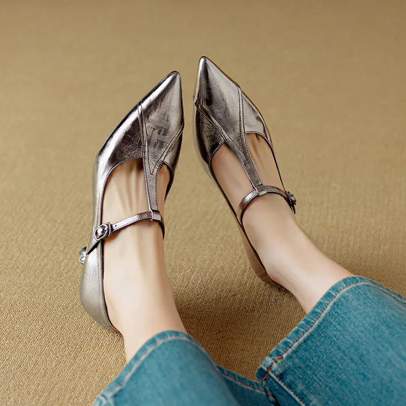 Genuine leather Mary Jane shoes with pigskin lining, 3-5cm chunky heel, and pointed-toe design in gun colour.